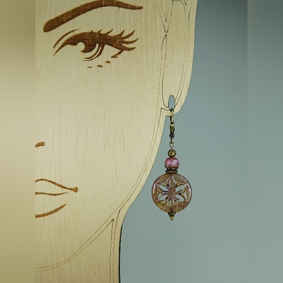 HAND CRAFTED Pink Bronze Artisan Glass Flower Boho Vintage Style Dangle Earrings - Picture 5 of 6